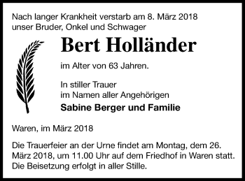 Traueranzeige von Bert Holländer von Müritz-Zeitung