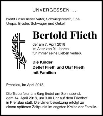 Traueranzeige von Bertold Flieth von Prenzlauer Zeitung