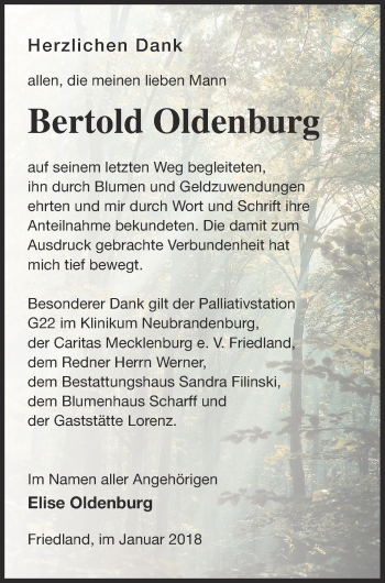 Traueranzeige von Bertold Oldenburg von Neubrandenburger Zeitung