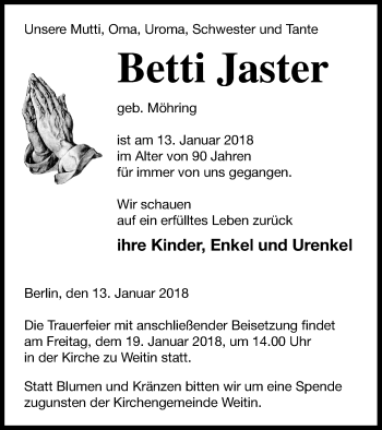 Traueranzeige von Betti Jaster von Neubrandenburger Zeitung