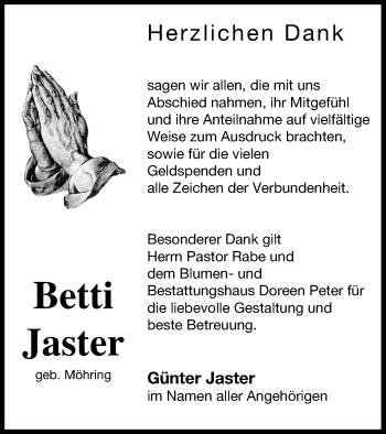 Traueranzeige von Betti Jaster von Neubrandenburger Zeitung