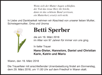 Traueranzeige von Betti Sperber von Müritz-Zeitung