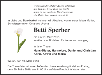 Traueranzeige von Betti Sperber von Müritz-Zeitung