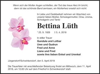 Traueranzeige von Bettina Lüth von Mecklenburger Schweiz