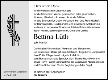 Traueranzeige von Bettina Lüth von Mecklenburger Schweiz