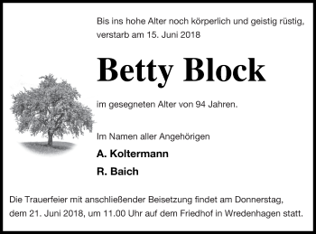 Traueranzeige von Betty Block von Müritz-Zeitung