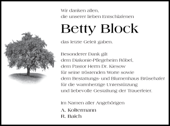 Traueranzeige von Betty Block von Müritz-Zeitung