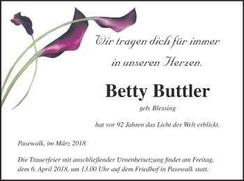 Traueranzeige von Betty Buttler von Pasewalker Zeitung
