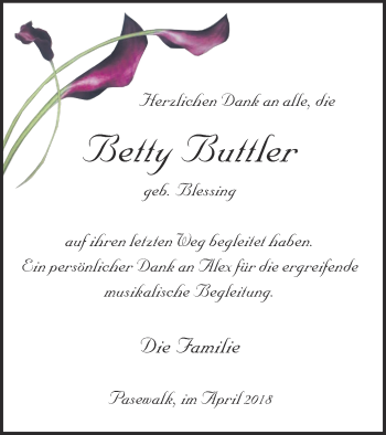 Traueranzeige von Betty Buttler von Pasewalker Zeitung