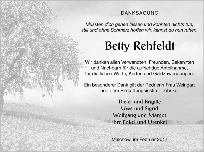  Traueranzeige für Betty Rehfeldt vom 10.03.2017 aus Müritz-Zeitung
