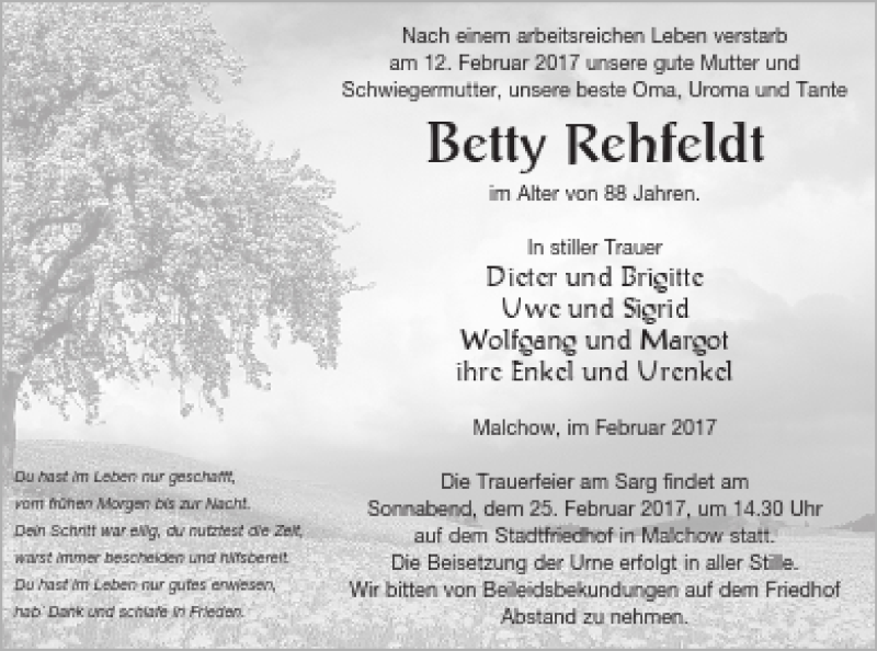  Traueranzeige für Betty Rehfeldt vom 15.02.2017 aus Müritz-Zeitung