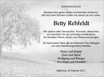 Traueranzeige von Betty Rehfeldt von Müritz-Zeitung