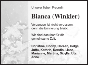 Traueranzeige von Bianca Winkler von Neubrandenburger Zeitung