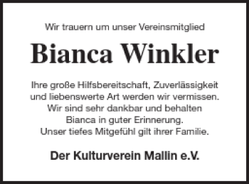 Traueranzeige von Bianca Winkler von Müritz-Zeitung