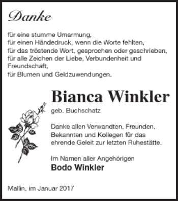 Traueranzeige von Bianca Winkler von Müritz-Zeitung