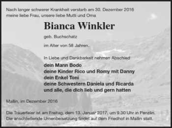 Traueranzeige von Bianca Winkler von Müritz-Zeitung