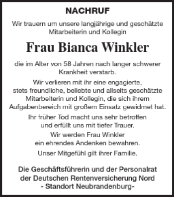 Traueranzeige von Bianca Winkler von Müritz-Zeitung