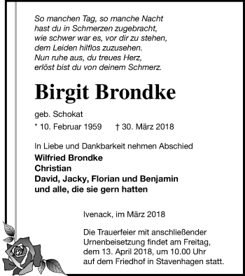 Traueranzeige von Birgit Brondke von Mecklenburger Schweiz