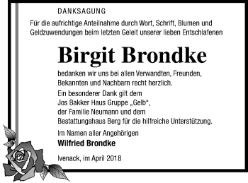 Traueranzeige von Birgit Brondke von Mecklenburger Schweiz