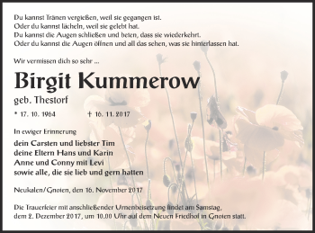 Traueranzeige von Birgit Kummerow von Mecklenburger Schweiz