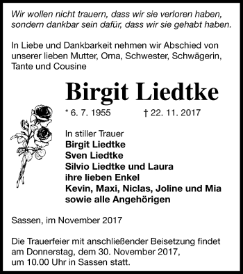 Traueranzeige von Birgit Liedtke von Vorpommern Kurier