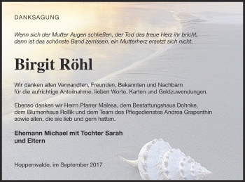 Traueranzeige von Birgit Röhl von Haff-Zeitung