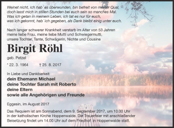 Traueranzeige von Birgit Röhl von Haff-Zeitung