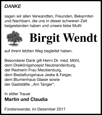 Traueranzeige von Birgit Wendt von Prenzlauer Zeitung