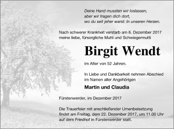 Traueranzeige von Birgit Wendt von Prenzlauer Zeitung