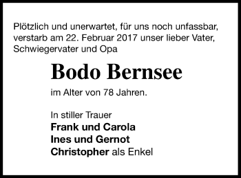 Traueranzeige von Bodo Bernsee von Mecklenburger Schweiz