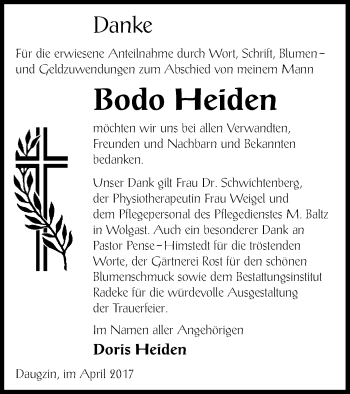 Traueranzeige von Bodo Heiden von Vorpommern Kurier