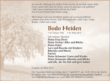 Traueranzeige von Bodo Heiden von Vorpommern Kurier