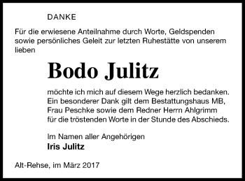 Traueranzeige von Bodo Julitz von Müritz-Zeitung