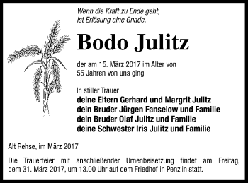 Traueranzeige von Bodo Julitz von Müritz-Zeitung