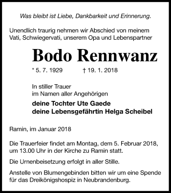 Traueranzeige von Bodo Rennwanz von Pasewalker Zeitung