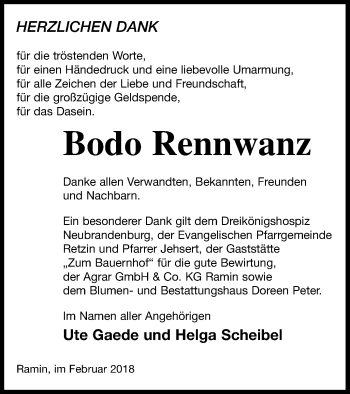 Traueranzeige von Bodo Rennwanz von Pasewalker Zeitung