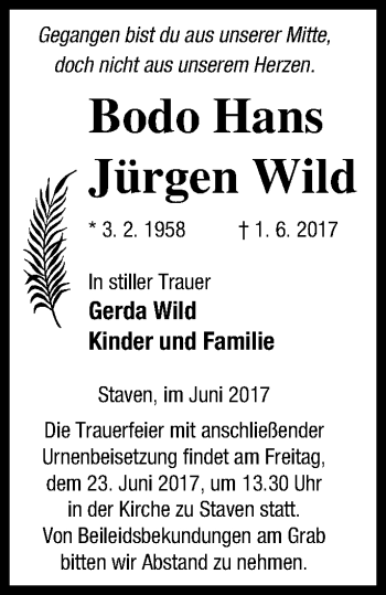 Traueranzeige von Bodo Hans Jürgen Wild von Neubrandenburger Zeitung