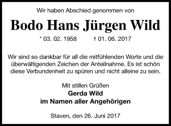 Traueranzeige von Bodo Hans Jürgen Wild von Neubrandenburger Zeitung