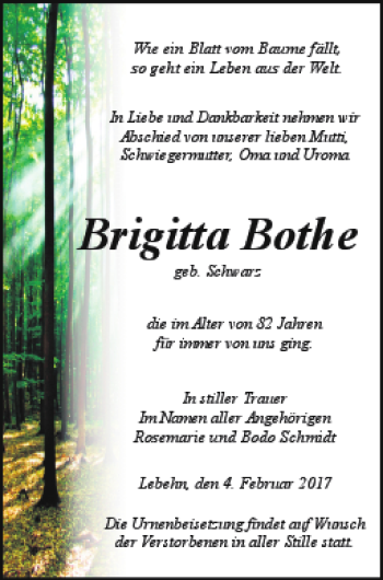 Traueranzeige von Brigitta Bothe von Pasewalker Zeitung