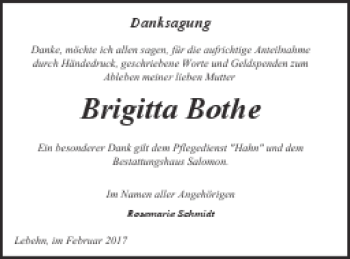 Traueranzeige von Brigitta Bothe von Pasewalker Zeitung