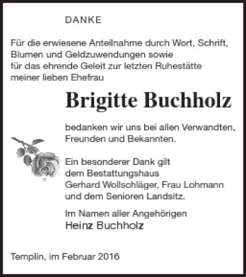 Traueranzeige von Brigitte Buchholz von Templiner Zeitung