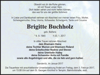 Traueranzeige von Brigitte Buchholz von Templiner Zeitung