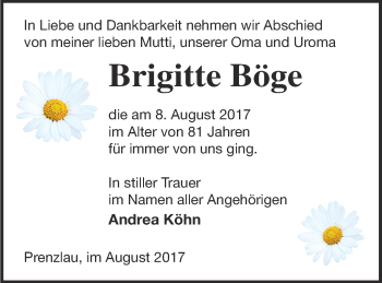 Traueranzeige von Brigitte Böge von Prenzlauer Zeitung