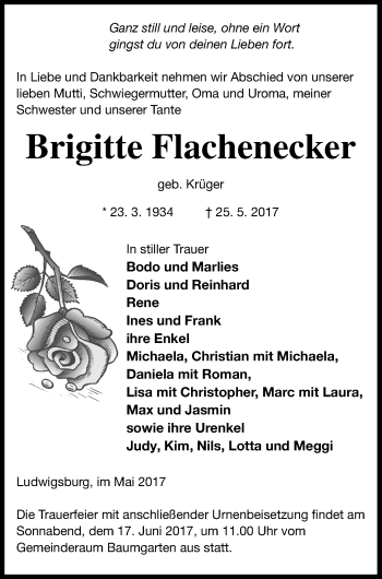 Traueranzeige von Brigitte Flachenecker von Prenzlauer Zeitung