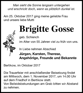 Traueranzeige von Brigitte Gosse von Prenzlauer Zeitung