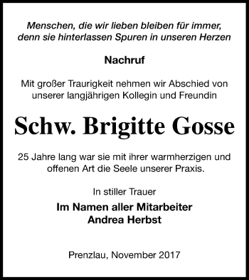 Traueranzeige von Brigitte Gosse von Pasewalker Zeitung