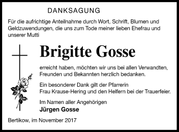 Traueranzeige von Brigitte Gosse von Prenzlauer Zeitung