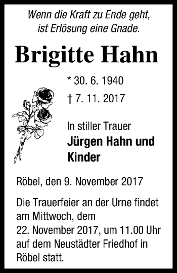 Traueranzeige von Brigitte Hahn von Müritz-Zeitung