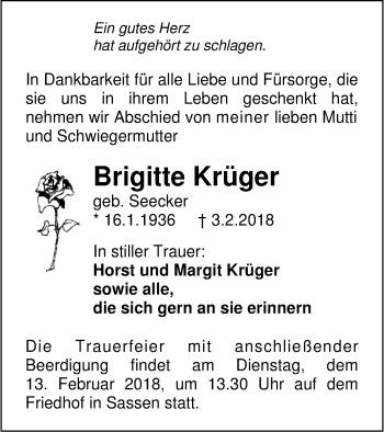 Traueranzeige von Brigitte Krüger von Vorpommern Kurier