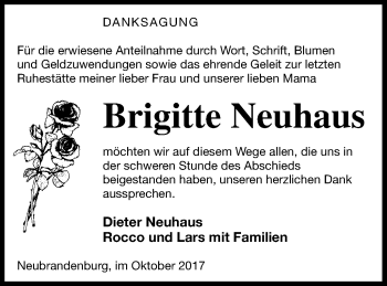 Traueranzeige von Brigitte Neuhaus von Neubrandenburger Zeitung